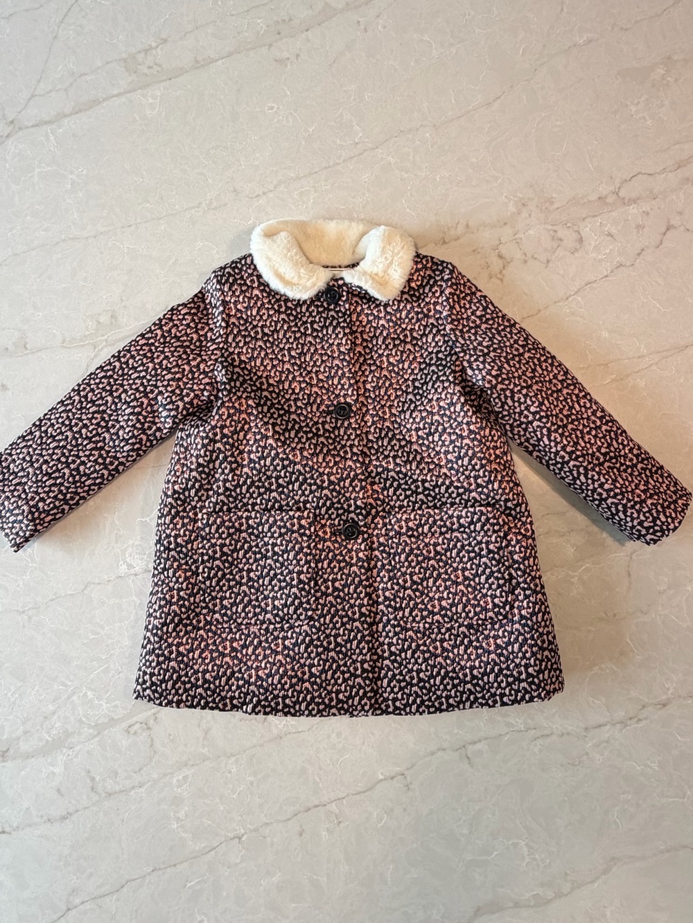 Bonton Pink Leopard-Print Peacoat with Cream Faux Fur Collar